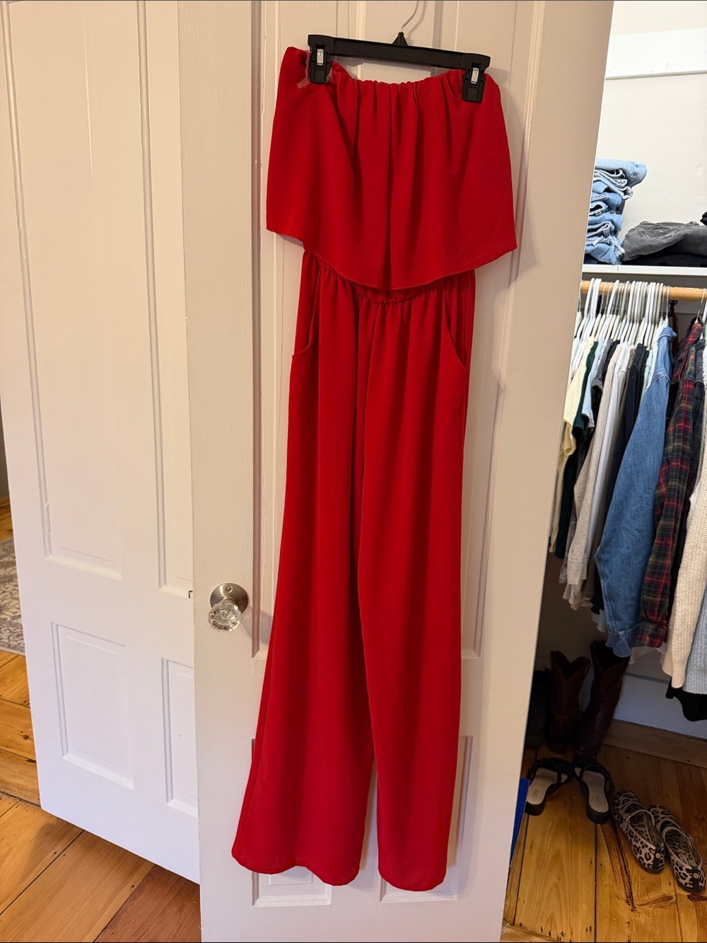 The Impeccable Pig Red Strapless Wide-Leg Jumpsuit